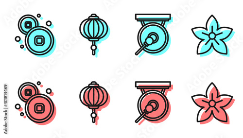 Set line Gong, Chinese Yuan currency, Chinese paper lantern and Lotus flower icon. Vector.