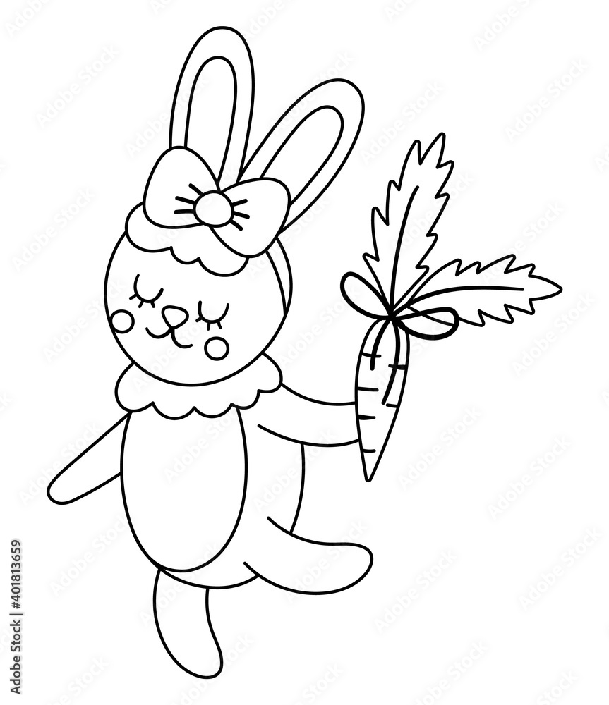 Vector cute black and white rabbit girl with carrot. Dancing woodland animal illustration. Romantic bunny isolated on white background. Funny Easter line character icon or coloring page.. Vector cute black and white rabbit girl with carrot. Dancing woodland animal illustration. Romantic bunny isolated on white background. Funny Easter line character icon or coloring page..