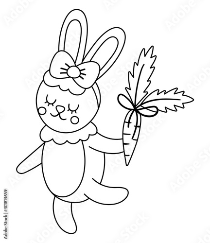Vector cute black and white rabbit girl with carrot. Dancing woodland animal illustration. Romantic bunny isolated on white background. Funny Easter line character icon or coloring page..