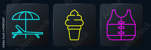 Set line Sunbed and umbrella, Life jacket and Ice cream in waffle cone. Black square button. Vector.