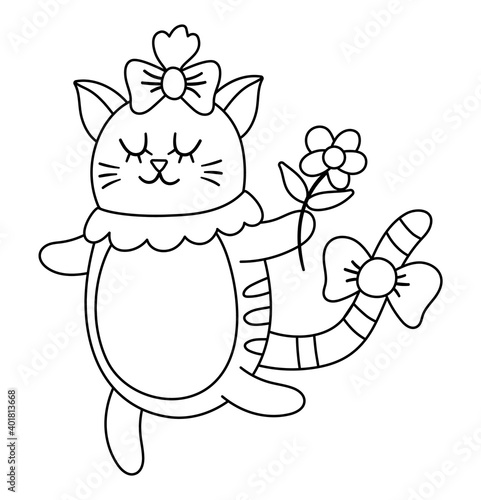 Vector cute black and white cat girl with flower. Dancing domestic animal illustration. Romantic pet isolated on white background. Funny Saint Valentine line character icon or coloring page..