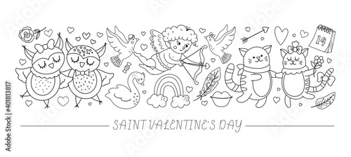 Vector horizontal black and white set with flat Saint Valentine day characters and elements. Card template design with line cupid, funny animals, hearts. Cute February love holiday border..