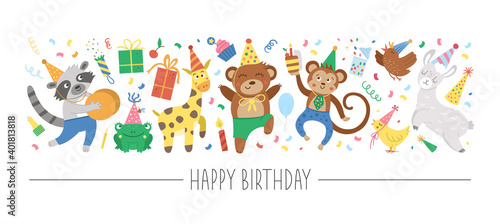 Vector horizontal set with flat Birthday characters and elements. Card template design with cupid, funny animals, present, cake, confetti. Cute holiday party border, great for kids zone decoration..