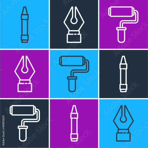 Set line Wax crayons for drawing, Paint roller brush and Fountain pen nib icon. Vector.