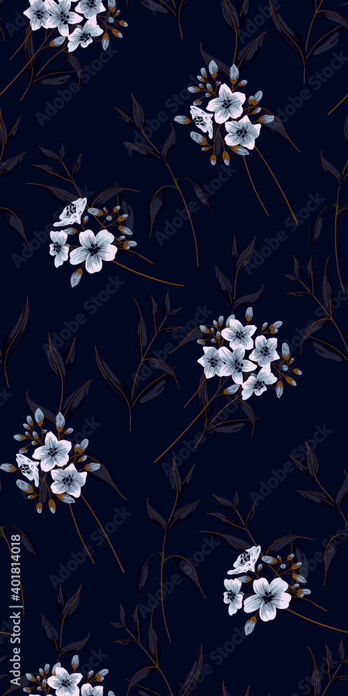 Seamless pattern, vector illustration. White flowers on a branch, dark leaves. Floral design for textiles and paper.