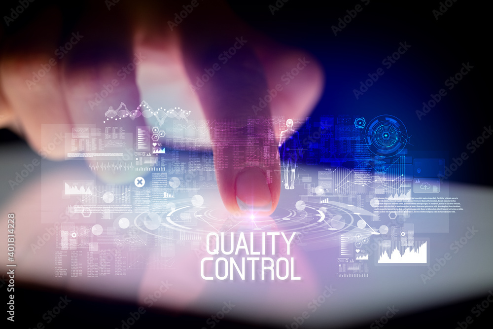 Finger touching tablet with web technology icons and QUALITY CONTROL inscription