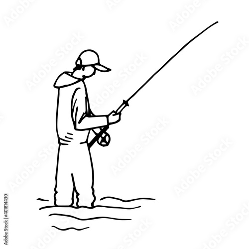 Hand-drawn ink sketch vector black outline on white background. A man in a cap, a fisherman is standing in the water with a fishing rod. Sports, recreation, hobbies, for prints of postcards, labels.