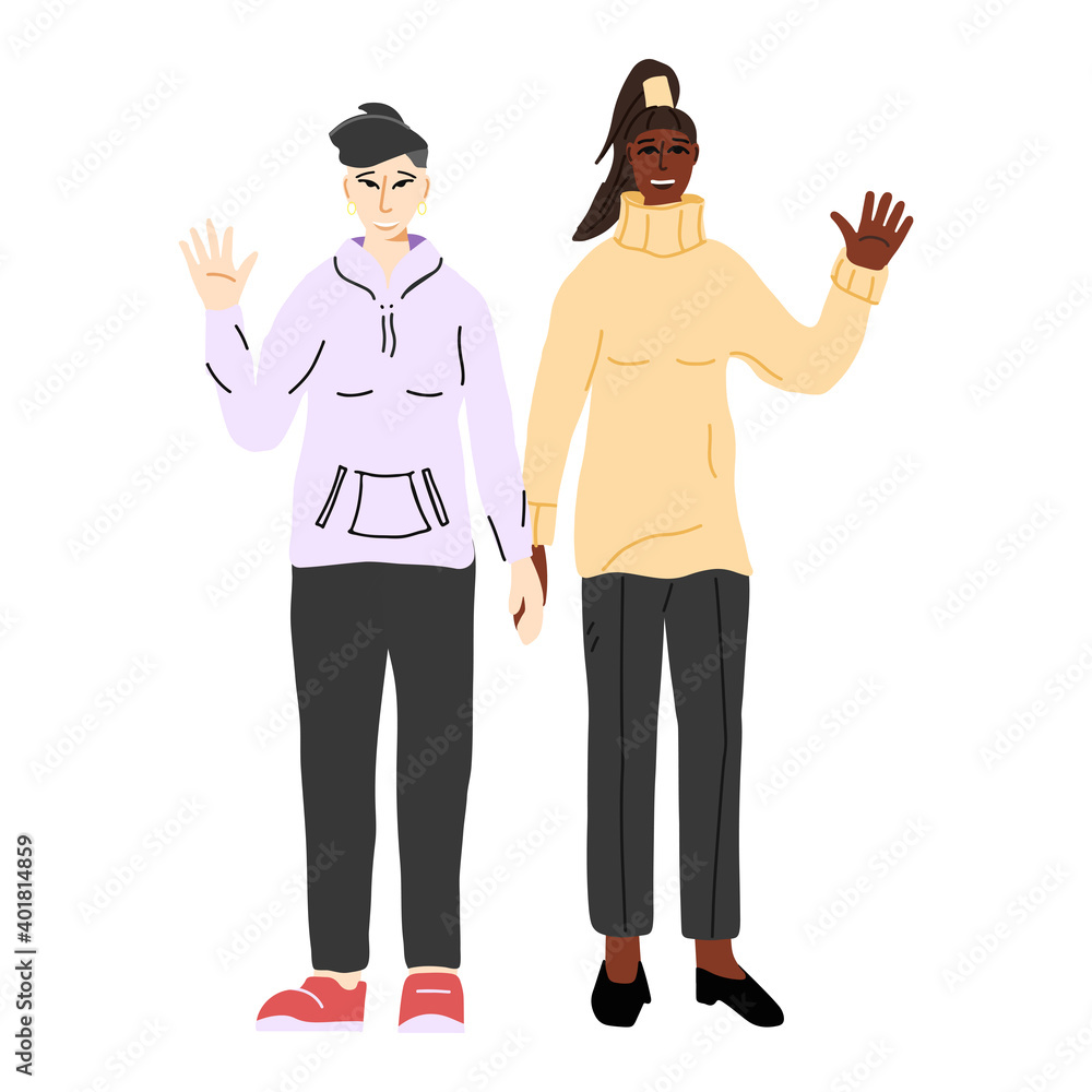 Happy young interracial couple in love. LGBT female couple. Asian and Black Women Holding Hands. Flat cartoon characters isolated. Colorful vector illustration. Happy young interracial couple in love. LGBT female couple. Asian and Black Women Holding Hands. Flat cartoon characters isolated. Colorful vector illustration.