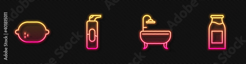 Set line Bathtub, Lemon, Spray can for hairspray and Bottle with milk. Glowing neon icon. Vector.