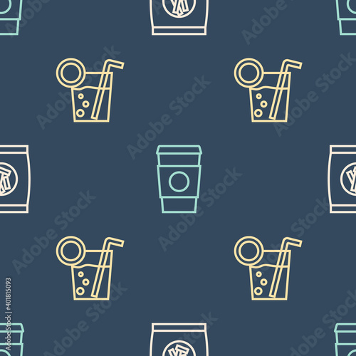 Set line Hard bread chucks crackers, Cocktail and Coffee cup to go on seamless pattern. Vector.