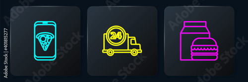 Set line Food ordering pizza, Online and burger delivery and Fast by car. Black square button. Vector.