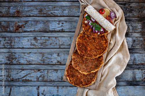 Traditional Turkish food, lahmacun and kiymali and kusbasili pide photo