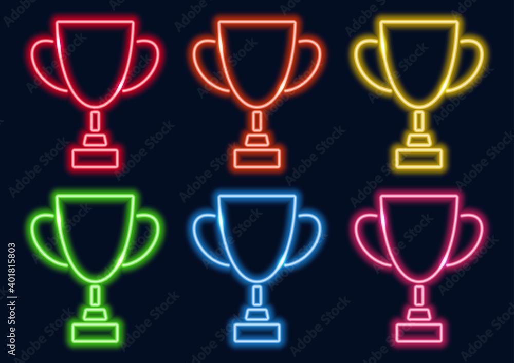 Winner cup in neon style. Neon sign. Glowing line of different colors. Sports attribute. Winner cup in neon style. Neon sign. Glowing line of different colors. Sports attribute.