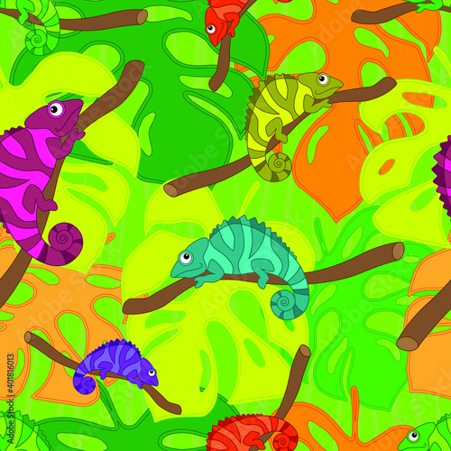 Chamaleon sitting on the branch and tropic leaves. Seamless pattern. Vector illustration.