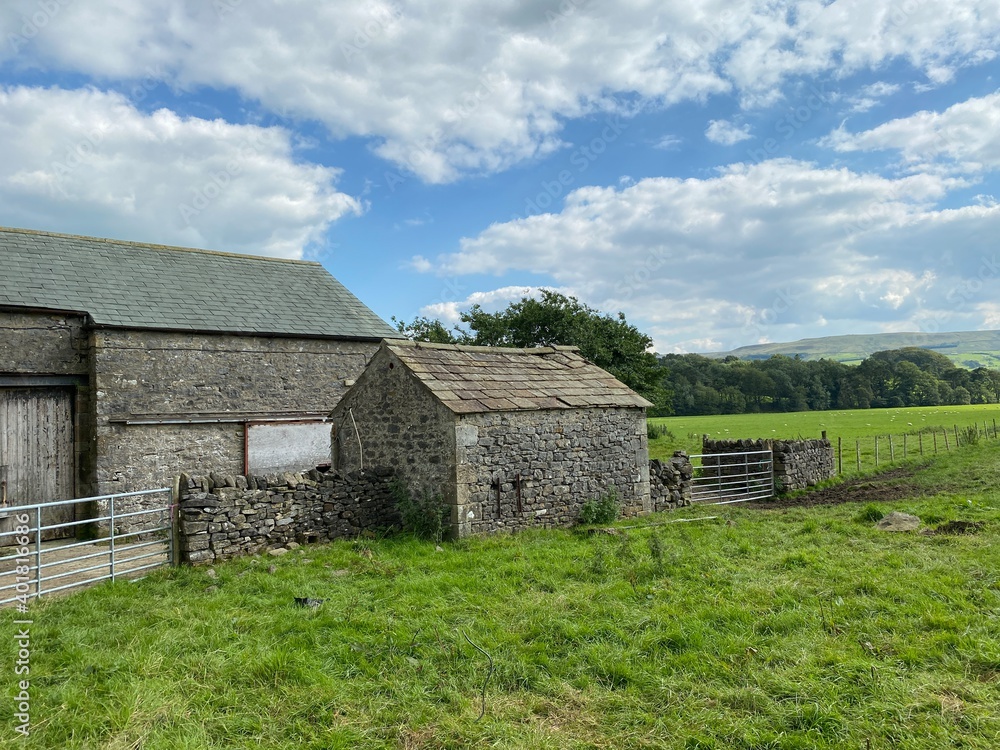 Old stone outbuildings, with trees, and hills, in the far distance in, Newton, Clitheroe, UK