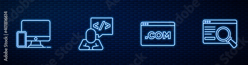 Set line UI or UX design, Monitor and mobile, Front end development and . Glowing neon icon on brick wall. Vector.