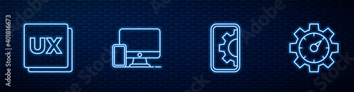Set line Web development, UI or UX design, Monitor and mobile and Website statistic. Glowing neon icon on brick wall. Vector.
