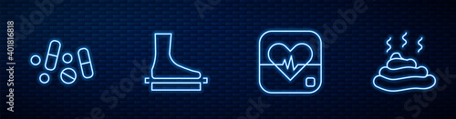 Set line Heart rate, Medicine pill or tablet, Flat foot and Shit. Glowing neon icon on brick wall. Vector.