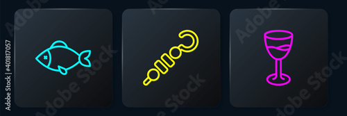 Set line Fish, Wine glass and Grilled shish kebab. Black square button. Vector.
