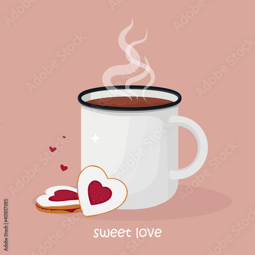 Mug of hot chocolate or coffee with heart-shaped cookies with jam. Sweet love greeting card for Valentine’s day. Vector illustration