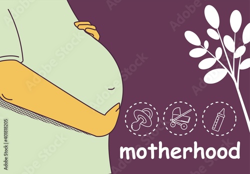 Pregnant woman hugs her belly with her hands, pregnancy.