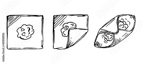 Hand-drawn vector illustration with black outline. Step-by-step cooking of homemade pastries with filling. Puff pastry squares with jam. Traditional cuisine, sweet bun.