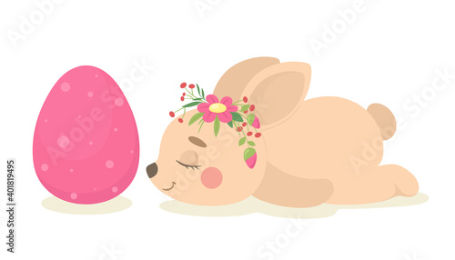 Cute Easter sleeping bunny next to an Easter egg. Vector illustration.