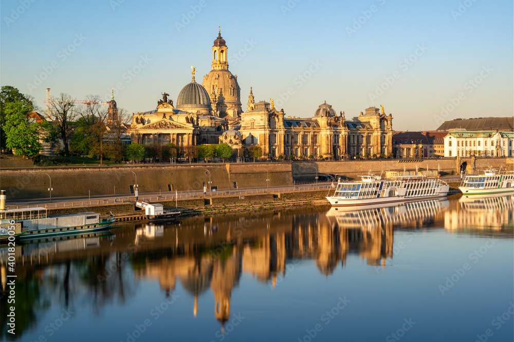 Stunning view at sunrise of the historic old town, Brühl's Terrace and the rebuilt Dresden Frauenkirche in the background