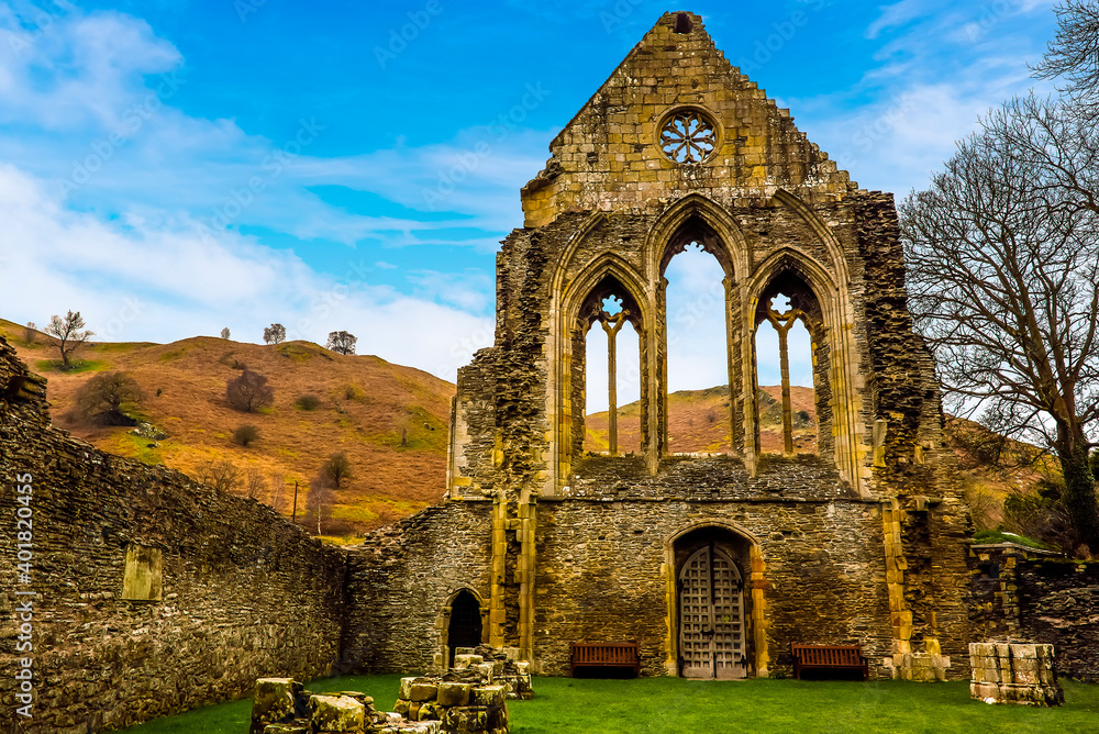 A view of the north wall of the Cistercian Valle Crucis Abbey in Llangollen, Wales