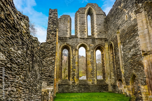 A view of the remains of the nave of the Cistercian Valle Crucis Abbey in Llangollen, Wales