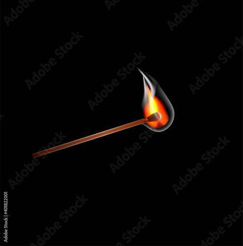 Safety match. Collection of matches. Burning match with fire, burnt matchstick. Flat design style. Vector illustration isolated dark background. 
