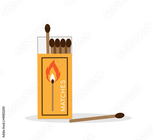 Safety match. Collection of matches. Burning match with fire, opened matchbox, burnt matchstick. Flat design style. Vector illustration isolated on white background. 
