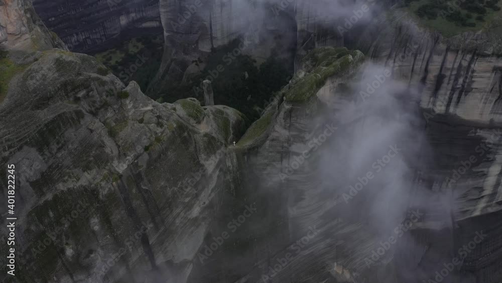 Greece Meteors flying drone over rocks. Canyon famous mountains of Kalampaka city. Greece Meteors flying drone over rocks. Canyon famous mountains of Kalampaka city.