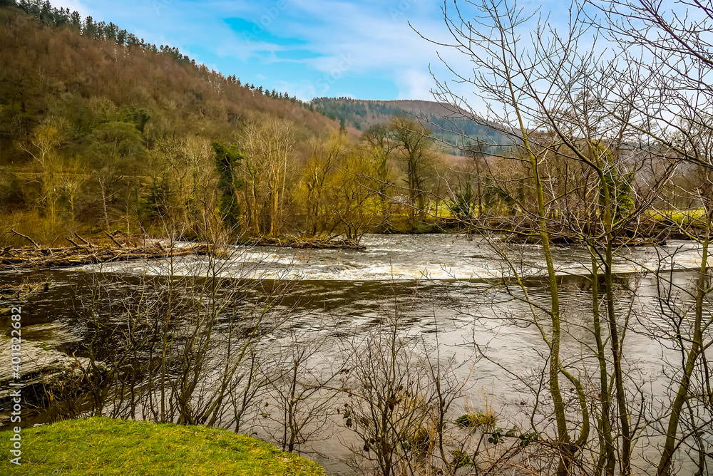 A view across the Horseshoe Falls weir near Llangollen, Wales in winter