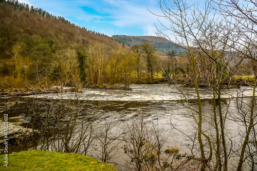 A view across the Horseshoe Falls weir near Llangollen, Wales in winter