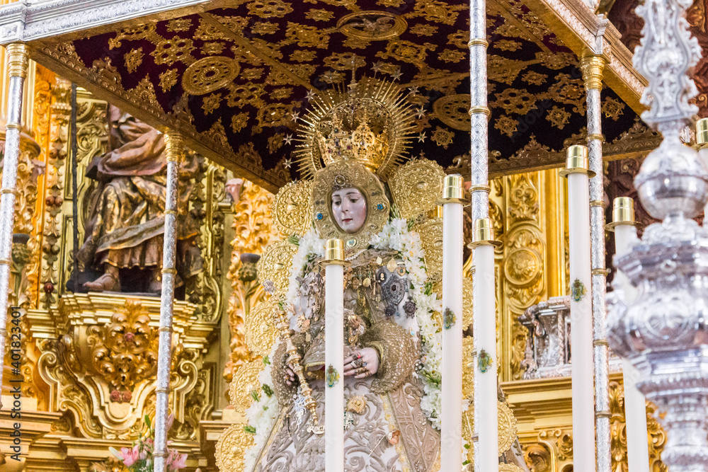 Almonte, Spain. The Virgin of El Rocio, a small carved wooden statue of the Virgin Mary and Child