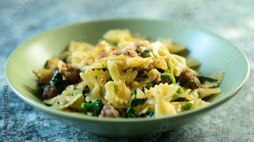 pasta with sausage and broccoli, typical Italian dish, Neapolitan specialty 