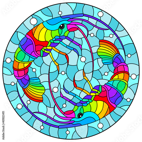 Illustration in stained glass style with a pair of rainbow shrimp on a background of water and air bubbles, round image