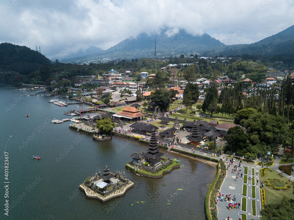 Aerial view of Ulun Danu Beratan Temple, picturesque landmark temple in Bali’s central highlands. The temple sits on the western side of Beratan Lake.