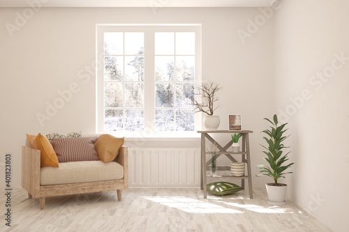 White room with armchair and winter landscape in window. Scandinavian interior design. 3D illustration © AntonSh