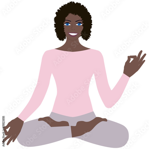 African girl with blue eyes, smiling, meditating in lotus position - isolated on white background - vector. Yoga