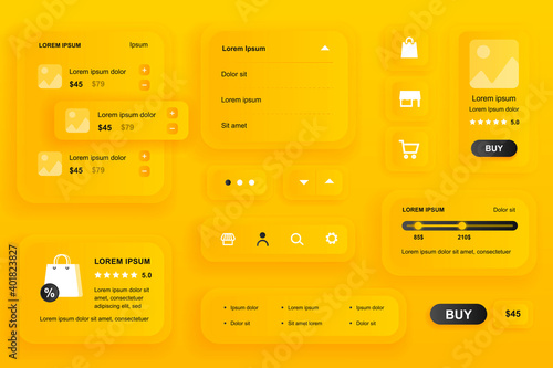 GUI elements for shopping mobile app. Shopping platform, product rating, review and pricing user interface generator. Unique ui ux design kit vector illustration. Navigation and search form components