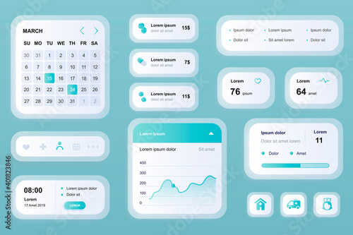 GUI elements for medicine mobile app. Online medical services in clinic, pharmacy store user interface generator. Unique ui ux design kit vector illustration. Calendar, navigation and chart components