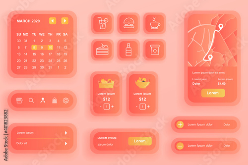 GUI elements for food delivery mobile app. Online food order and catering service user interface generator. Unique ui ux design kit vector illustration. Schedule, menu and route on map components.