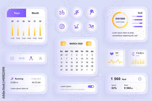 GUI elements for fitness workout mobile app. Fitness activity planner with calendar, heart rate monitor user interface generator. Ui ux design kit vector illustration. Health monitoring components.