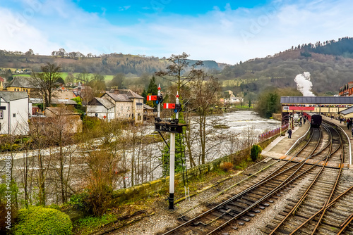 A view from the old railway station in Llangollen, Wales across the River Dee photo
