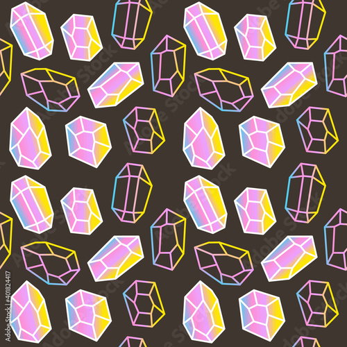 Seamless pattern with colorful scattered precious gems from different cuts on dark background. Vector illustration