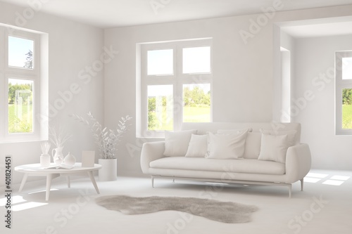 White minimalist living room with sofa. Scandinavian interior design. 3D illustration