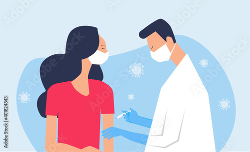 Doctor inject vaccine shot to patient.Covid-19 vaccination concept