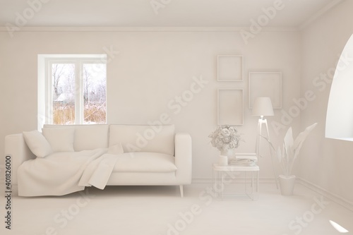 White minimalist living room with sofa. Scandinavian interior design. 3D illustration